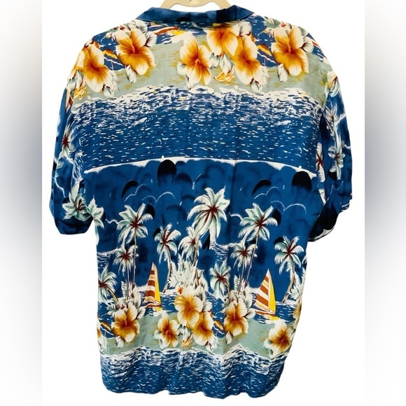 Vtg Men’s Hawaiian Shirt Orchids Sailboats Water Palm Trees Blue Multicolor Sz L - Picture 3 of 5